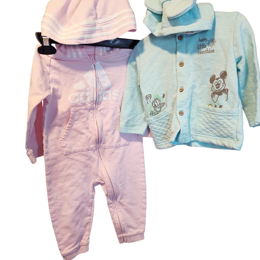Adidas Disney Baby 18M Outfit Bundle Pink Hoodie Romper Mickey Cardigan Set